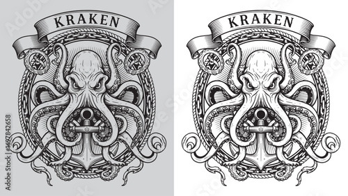 Kraken and Anchor, Nautical Sea Monster with Banner