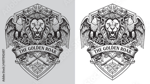Lion and Eagles, The Golden Roar, Heraldic Shield with Compass