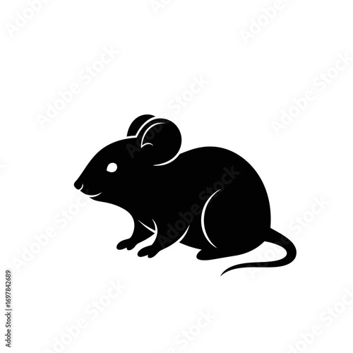 A simple black silhouette of a mouse, depicted in a side profile, with a curved tail and small ears.