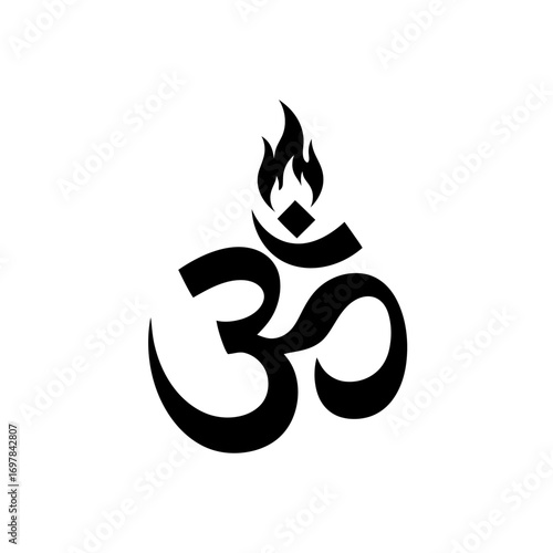 A black graphic symbol representing the sacred Hindu mantra "Om" or "Aum," adorned with a flame and a dot, symbolizing spiritual essence and divine energy.
