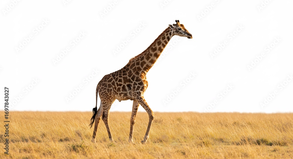 Obraz premium Elegant giraffe gracefully strides across golden savanna bathed in warm sunlight. AI Generated