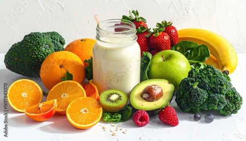 Colorful assortment of fresh fruits and vegetables, a healthy smoothie, and a vibrant display of healthy ingredients.