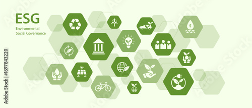 ESG Environment Social and Governance ESG concepts on environmental social. Sustainable business management goals. Green icons vector illustration.