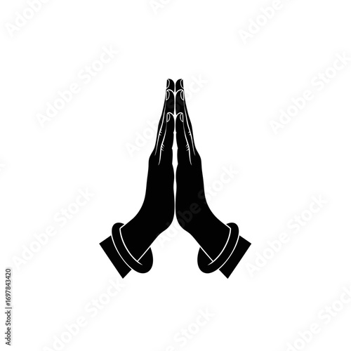 Silhouette of hands clasped in prayer position, a gesture of respect and reverence.