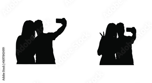 two people taking selfies with phones in silhouette