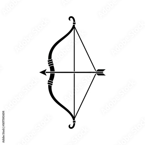 Classic recurve bow and arrow, ready to shoot, simple black silhouette.