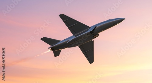 Sleek supersonic jet ascends gracefully at dawn soft pastel light illuminates powerful design. AI Generated