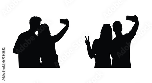 people taking selfies with phones in silhouette form