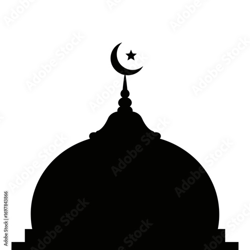 Silhouette of a mosque dome with crescent moon and star.