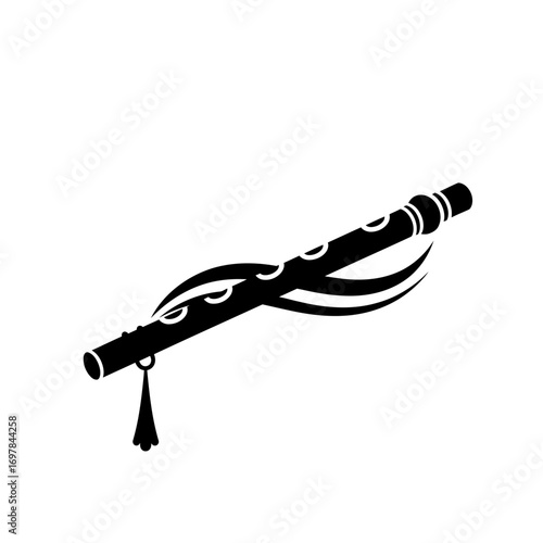 A black silhouette icon of a traditional transverse flute with decorative swirls and a hanging tassel.