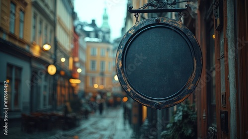 Empty round sign hangs in a European city street