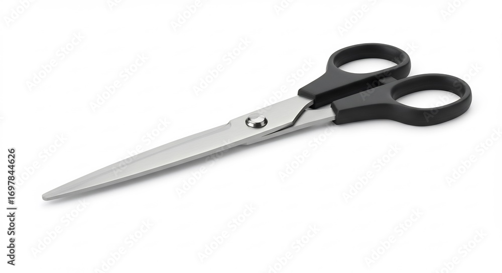 Obraz premium Sharp metal scissors lie neatly against bright white background. AI Generated