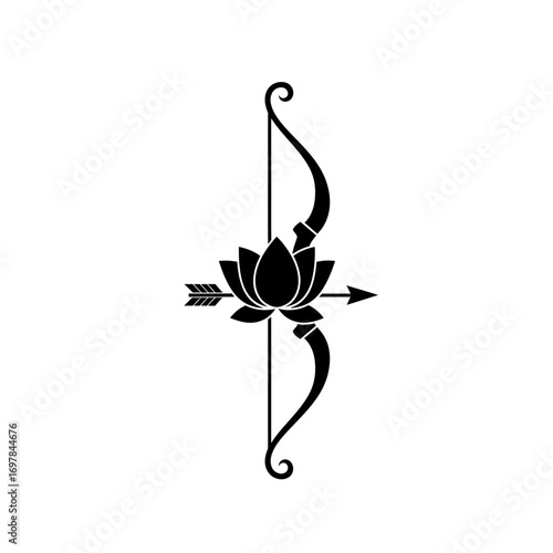 A minimalist black silhouette of a bow and arrow with a lotus flower at its center.