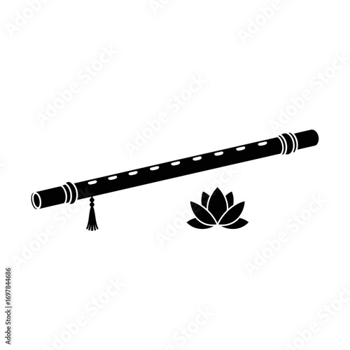 A black silhouette of a traditional transverse flute with a tassel next to a lotus flower.