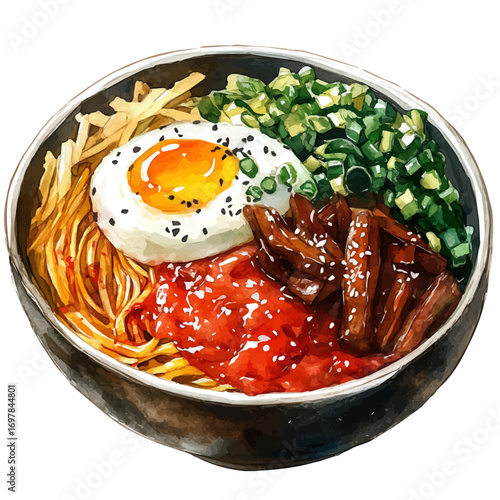 Bibimbap, watercolor clipart vector, isolated on a white background.