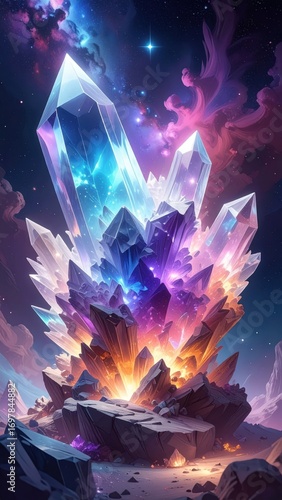 A vibrant cluster of crystals radiates with celestial hues in a cosmic landscape.