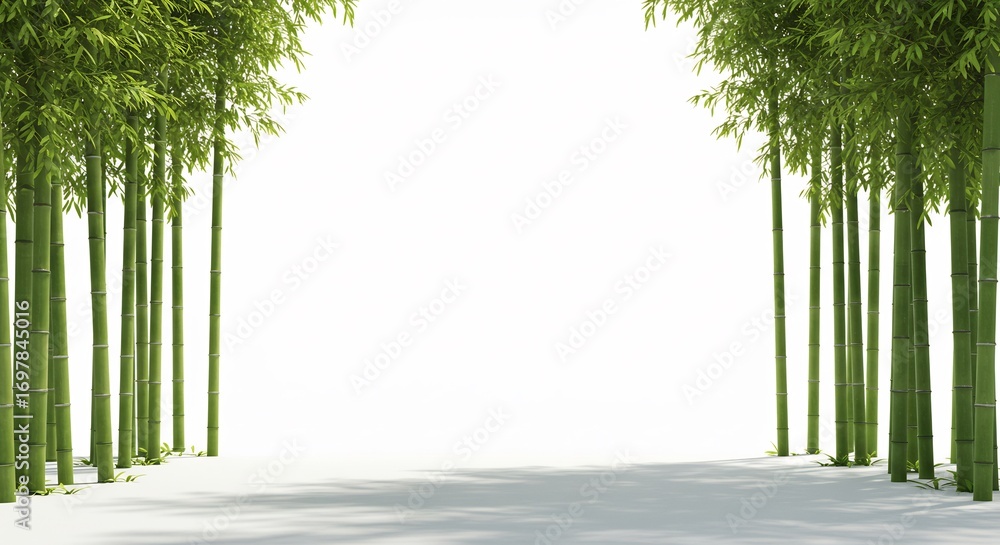 Obraz premium Serene bamboo grove path softly lit by sunlight creates peaceful zen aesthetic. AI Generated