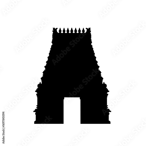 A black silhouette of a traditional South Indian Hindu temple gopuram, an ornate tower, on a white background.