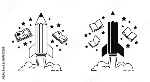 launching pencil rocket surrounded by books and stars