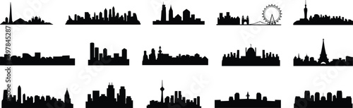 City skylines silhouette, global architecture, famous landmarks, urban skyline, travel icons, black and white illustration