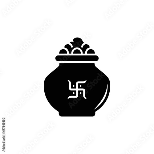 A black silhouette of a traditional Indian Kalash pot filled with auspicious items, adorned with a Swastika symbol.