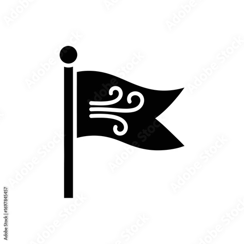 A black silhouette of a pennant flag on a flagpole, with stylized wind swirls depicted on its surface, indicating movement and direction.