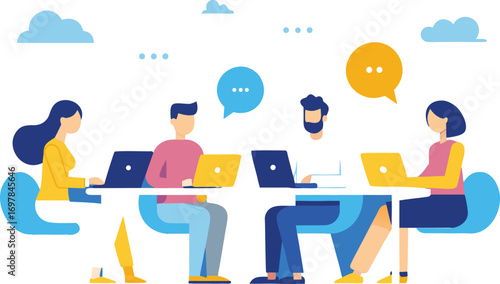 Diverse team collaborating on laptops in a modern office space illustration