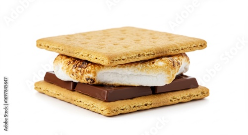 Golden toasted marshmallow sandwich sits between chocolate and crisp graham crackers. AI Generated