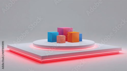 Modern tech-inspired 3D podium with neon highlights, red glowing base and colorful rectangular structures for product presentation copy. Ai generate 