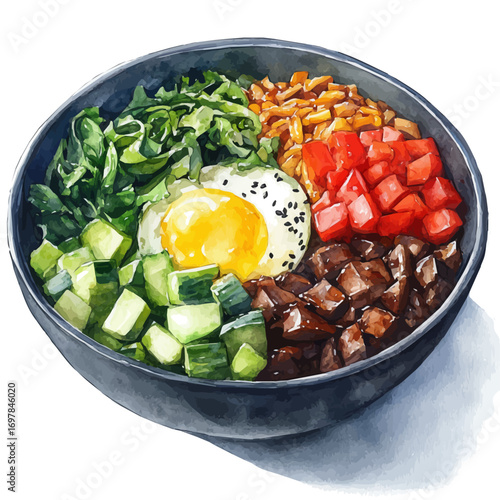 Bibimbap, watercolor clipart vector, isolated on a white background.