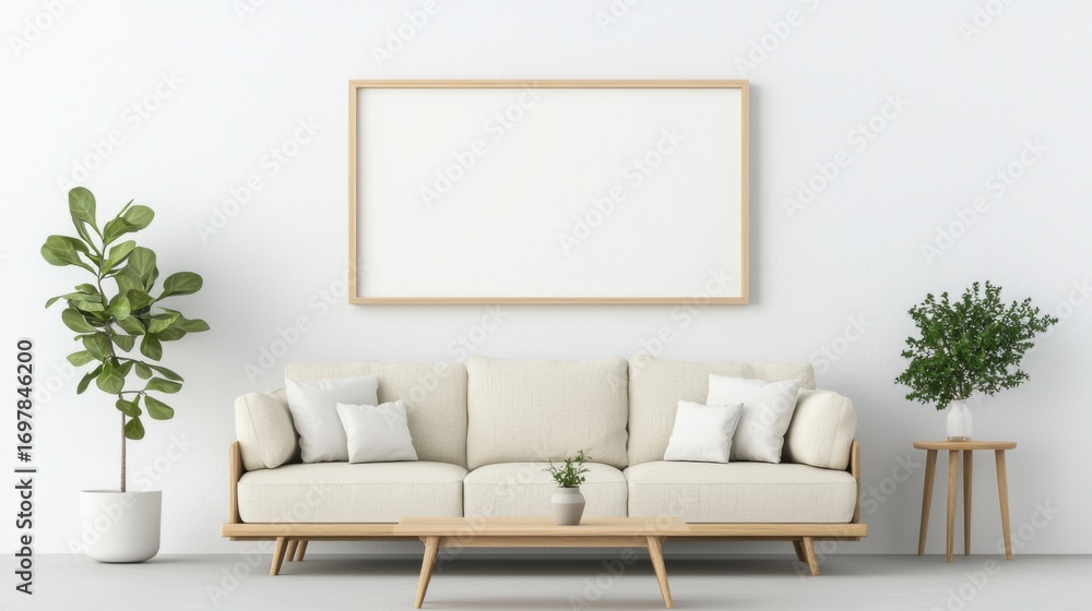 Fototapeta premium Modern living room with white couch decorative pillows indoor plant and framed poster on white wall