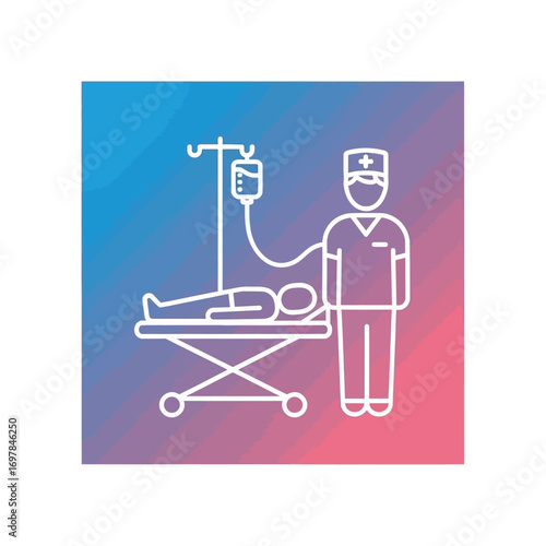 Vector art of medical professional with patient on gurney and iv drip