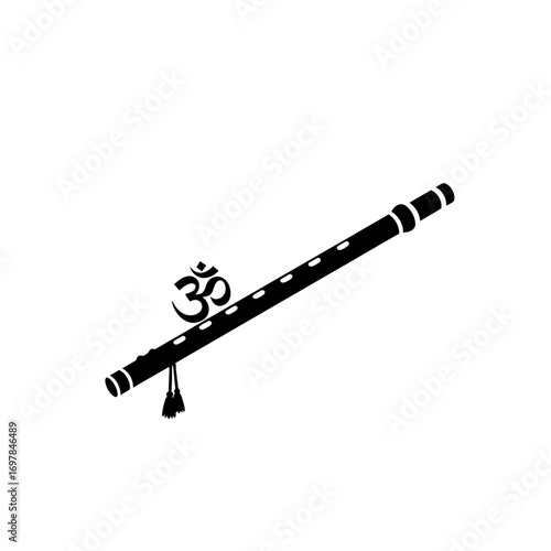 Black and white illustration of a bansuri flute, adorned with an Om symbol.