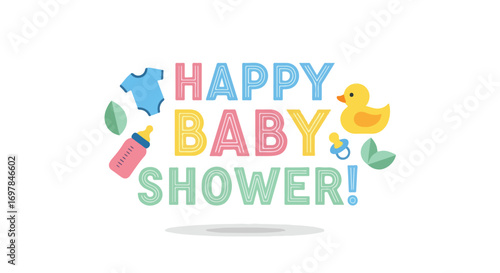 Cheerful Happy Baby Shower Announcement with Pastel Icons and Playful Typography Creates a Festive Atmosphere