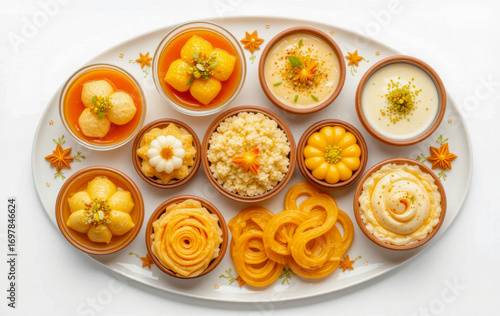 A vibrant overhead shot showcases a variety of colorful Indian sweets beautifully arranged on a decorated oval platter, ideal for festive occasions.