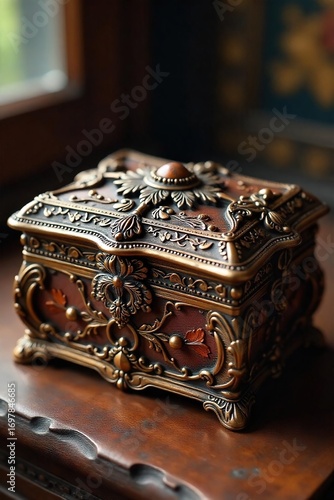 Elegant antique jewellery box, intricately carved with floral details, perfect for storing precious keepsakes Ideal for vintage, luxury, and romantic themed projects , storage, storage box