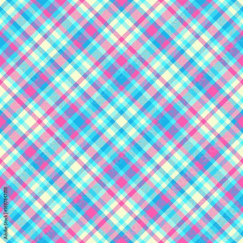 Vibrant plaid pattern with intersecting lines in pink, blue, and cream.  Great for textiles, backgrounds, crafts, and designs requiring a colorful, seamless texture.