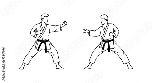 two martial artists practicing karate stances together