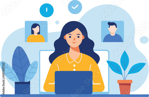 Woman working remotely with team members online for project management