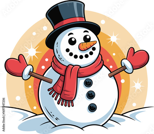 Happy snowman with carrot nose, red scarf, black top hat, winter holiday illustration, snow background, Christmas decoration, winter season 