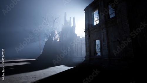 Mysterious silhouetted figures emerge from foggy building interior with dramatic light