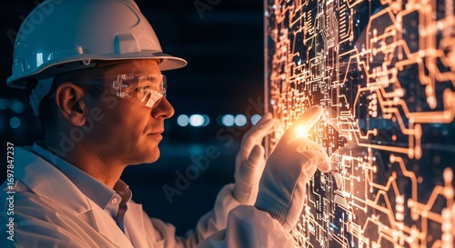 Engineer Interacts with Glowing Digital Circuit Board in Futuristic Lab