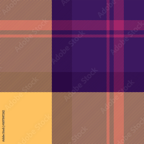 Picnic blanket plaid check vector, pure fabric seamless pattern. Infinity texture textile tartan background in violet and amber colors.
