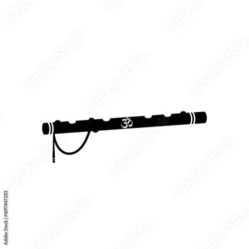 A black silhouette of a traditional Indian Bansuri flute decorated with the sacred Om symbol.