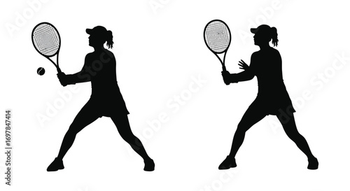 two tennis players in action silhouettes