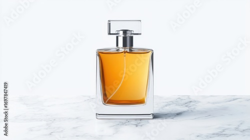 Glass bottle with liquid pump on marble counter and luxury perfume packaging mockup displayed on marble surface