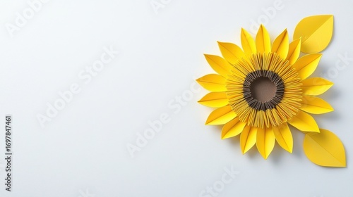 Origami sunflower made of yellow paper with geometric folded petals in a 3d display showcasing intricate craftsmanship