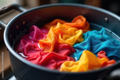 Close-up shot of colorful fabric scraps being gently simmered in a pot, creating a unique dyeing process The vibrant hues suggest a creative textile project in progress , texture, design, creation