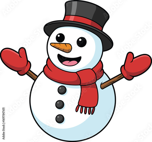 Happy snowman with red scarf and mittens, black top hat, carrot nose, winter holiday, Christmas cartoon, festive snowman illustration