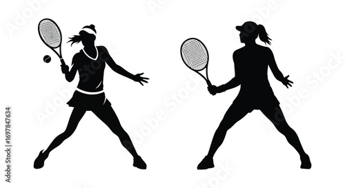 two female tennis players in action silhouette